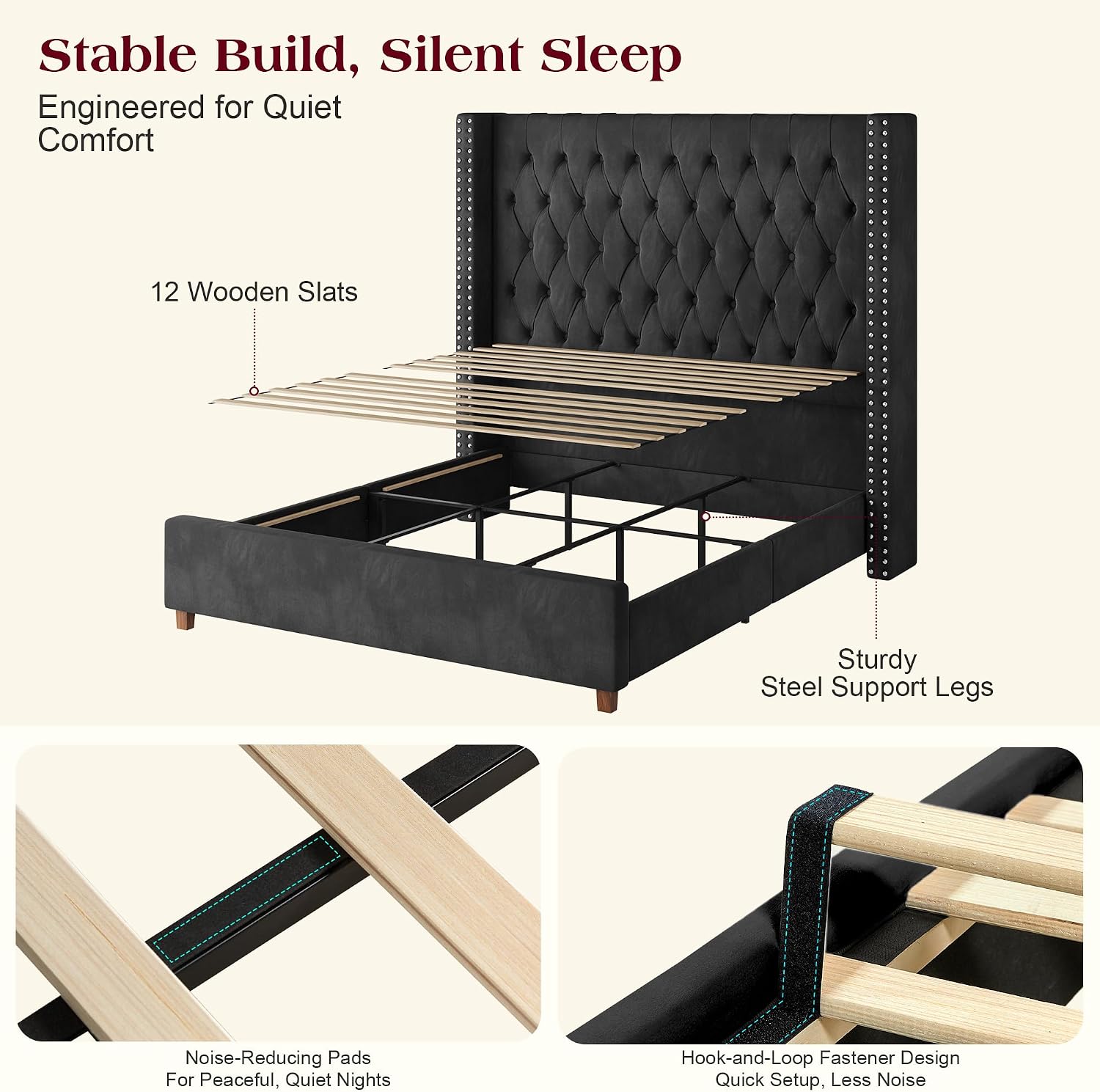 PaPaJet King Bed Frame 61.4" Tall Upholstered Wingback Headboard, Black