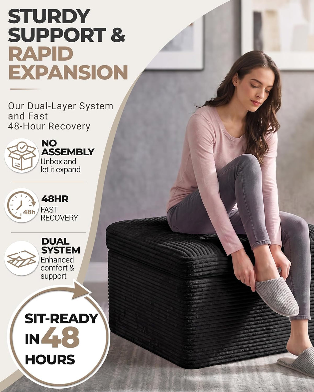 23.6in Pouf Ottoman, Corduroy Ottoman Foot Rest with Dual‑Layer Support, Large Plush Pouf with Soft Chunk‑Foam Top & Firm Foam Base, Floor Foot Stool for Living Room, Black