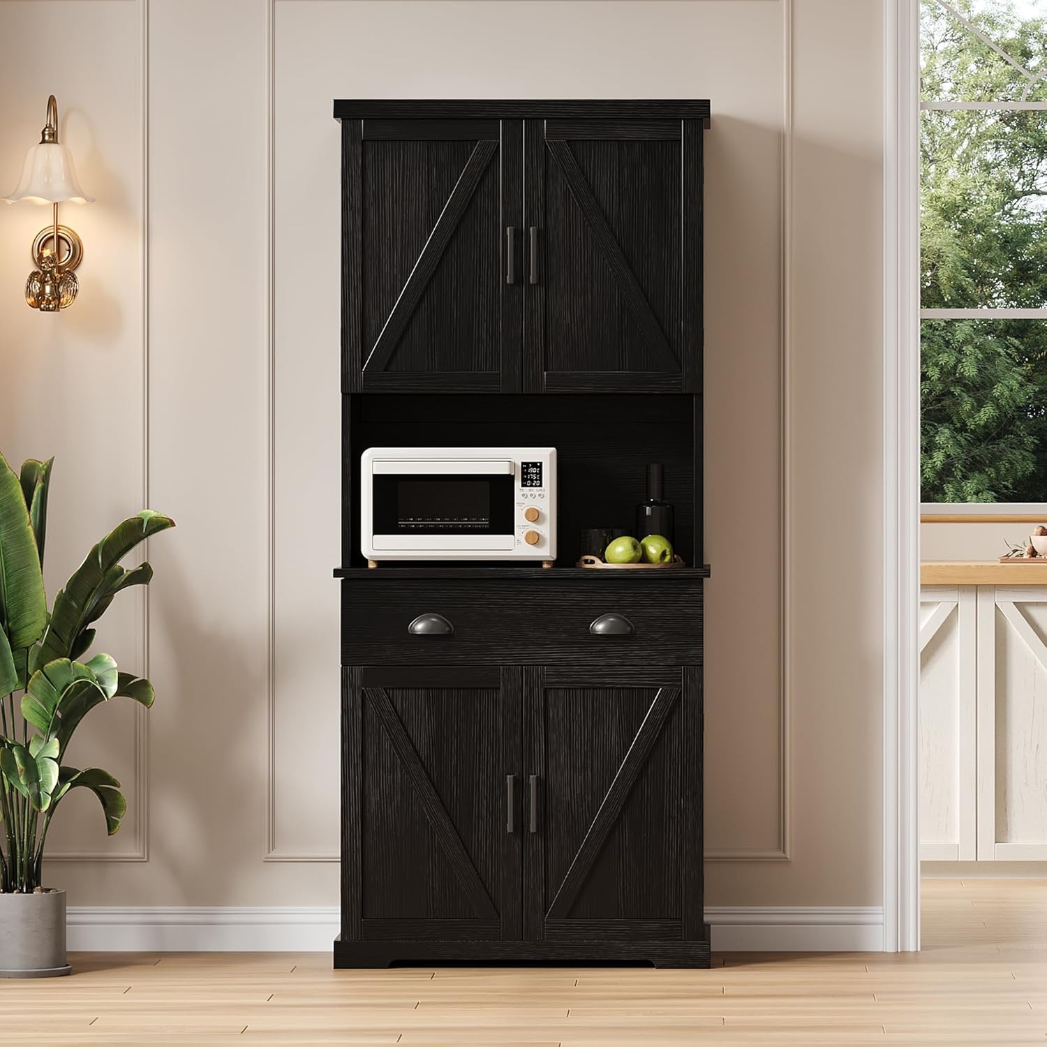 ChooChoo 72" Pantry Cabinet with Storage Drawers, Farmhouse Kitchen Hutch Bar Cabinet with Microwave Stand, Kitchen Cupboard with Door Shelves for Dining Room, Living Room, Black
