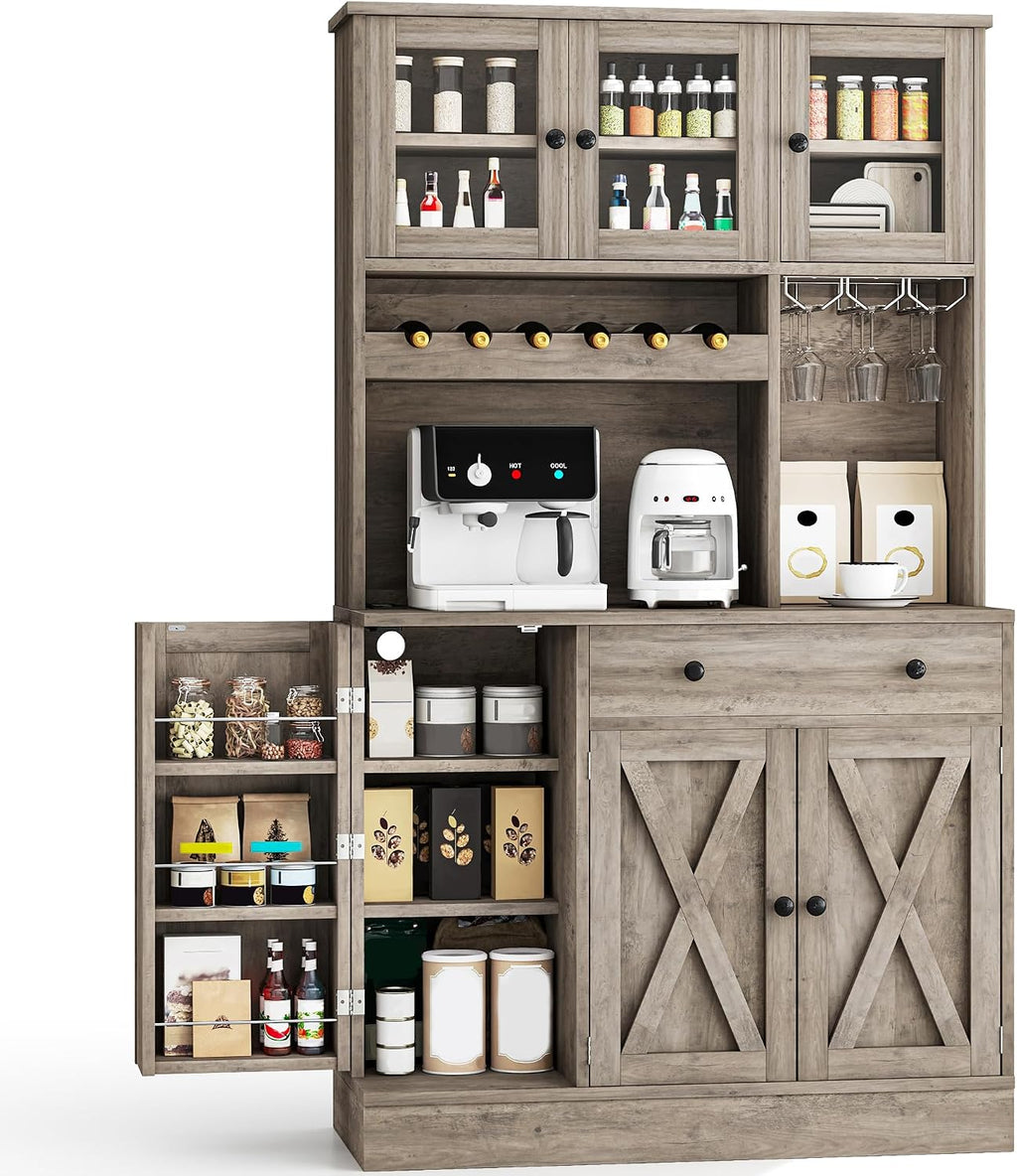 YITAHOME 71''H Kitchen Pantry Cabinet, Grey | Tall Cabinet with Drawer, Doors & Goblet Holder, Wine Rack, Power Outlet, For Kitchen & Living Room