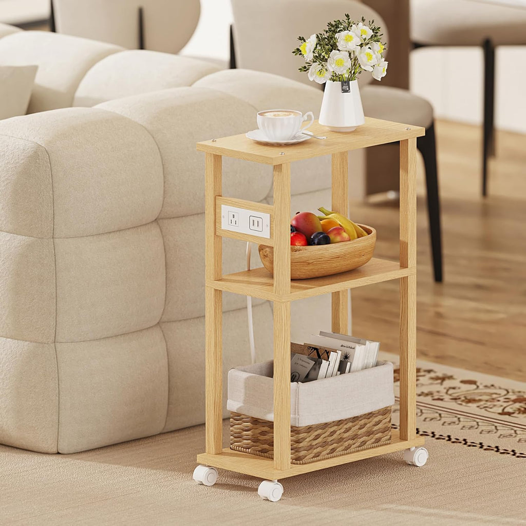 TUTOTAK Small Narrow Side Table with Charging Station, Skinny End Table for Small Spaces, Slim Nightstand with USB Ports and Outlet, Sofa Beside Table with Wheels, Natural TB01BN047