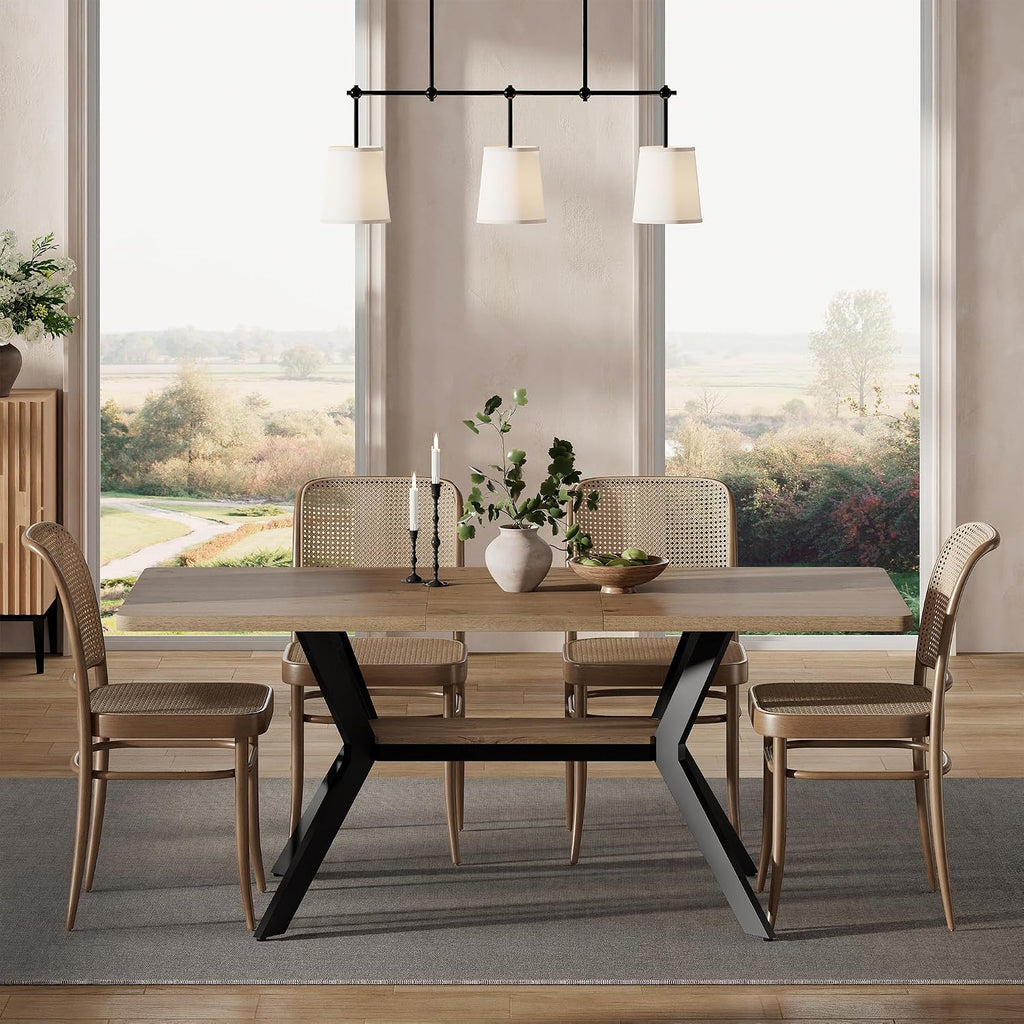 MECHYIN Extendable Dining Table for 4-8, 55-71 in, Storage Shelf, Natural | Flip Leaf Stores Under Top, No-Gap Metal Connectors, Chairs Tuck Under Pedestal Base, Oak Wood-Grain Top, Fits Apartments