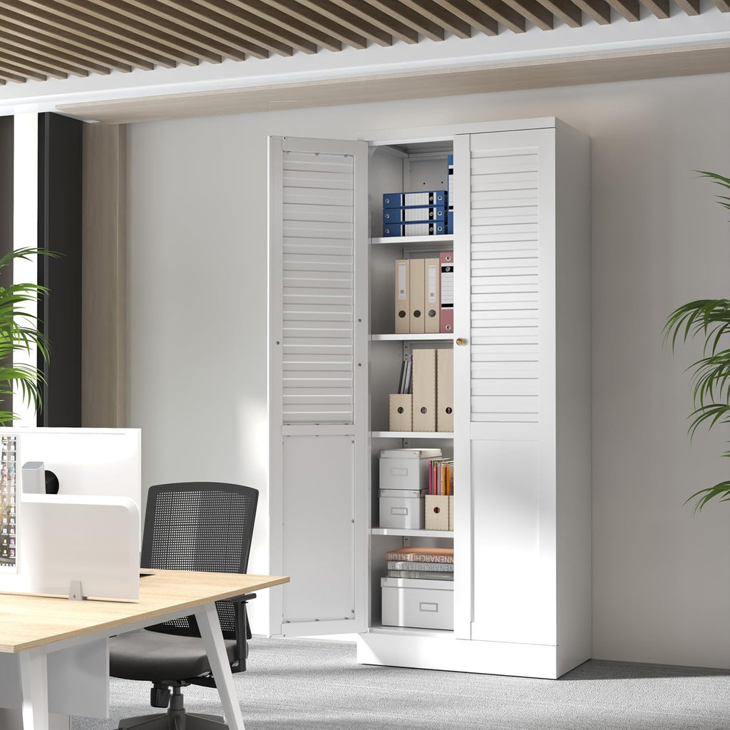 LEYNOT 61 inch Tall Kitchen Pantry Cabinet,Metal Storage Cabinet with 4 Adjustable Shelves,Freestanding Cupboard for Canned Food,Snacks,Small Appliances(White)