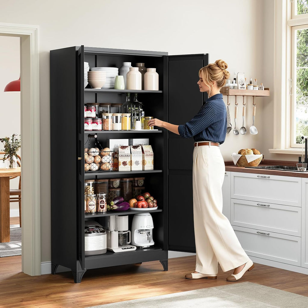 Yizosh Metal Pantry Cabinet, 75" Kitchen Pantry with 2 Door and 4 Adjustable Shelves,Black Metal Pantry Storage Cabinet,Cupboard for Kitchen,Dining Room,Living Room and Bathroom
