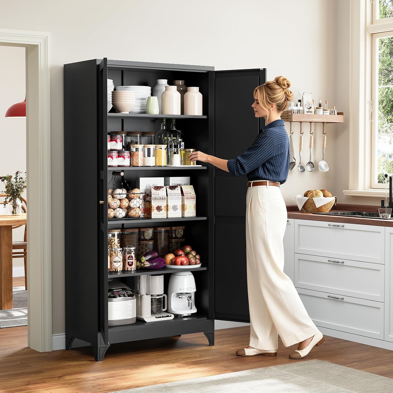Yizosh Metal Pantry Cabinet, 75" Kitchen Pantry with 2 Door and 4 Adjustable Shelves,Black Metal Pantry Storage Cabinet,Cupboard for Kitchen,Dining Room,Living Room and Bathroom