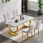 5 Pcs Dining Table Set, Kitchen and Dining Room Table Set for 4, 68" Rectangular White Faux Marble Dining Table with O-Shaped Gold Stainless Steel Base & Velvet Upholstered Beige Chairs