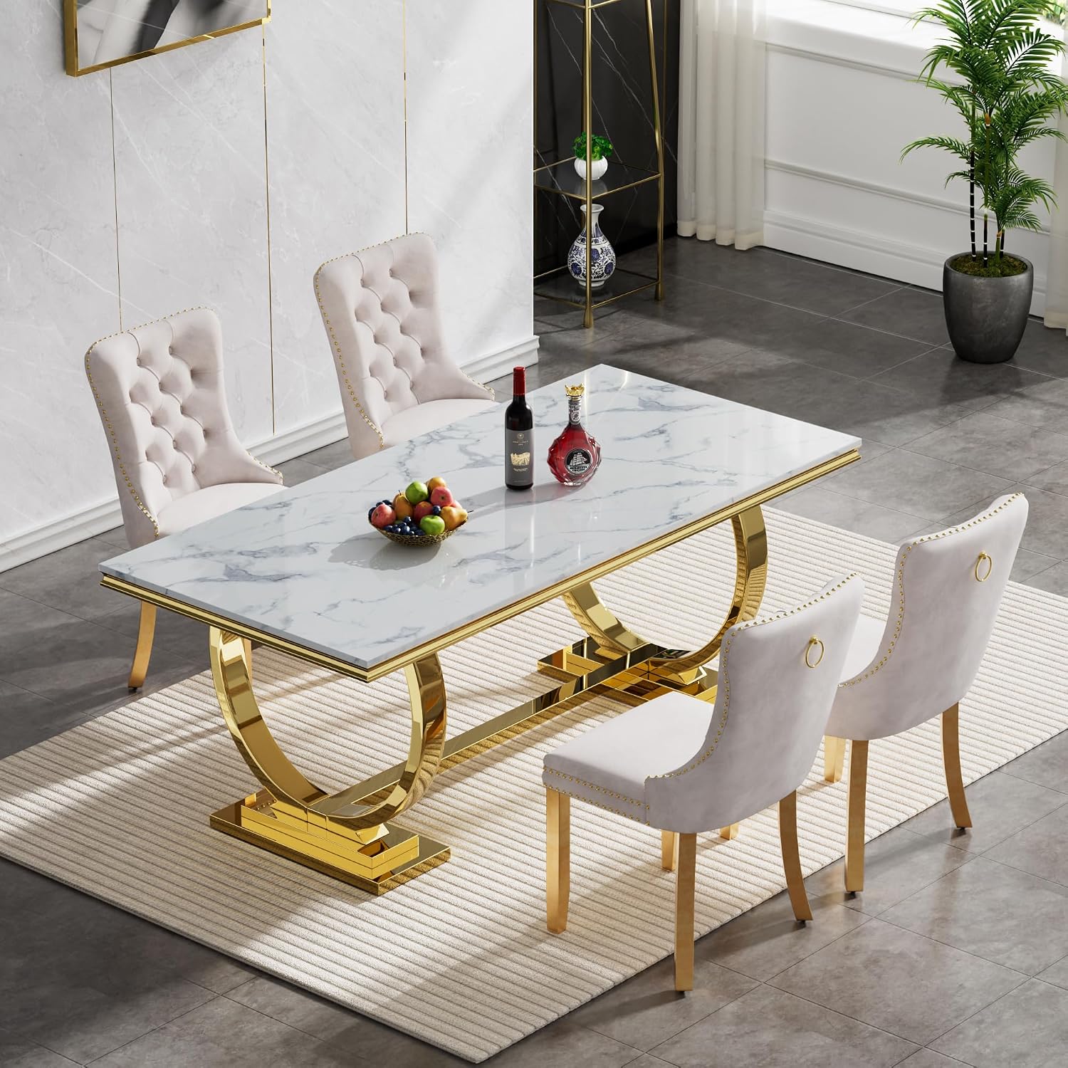 5 Pcs Dining Table Set, Kitchen and Dining Room Table Set for 4, 68" Rectangular White Faux Marble Dining Table with O-Shaped Gold Stainless Steel Base & Velvet Upholstered Beige Chairs