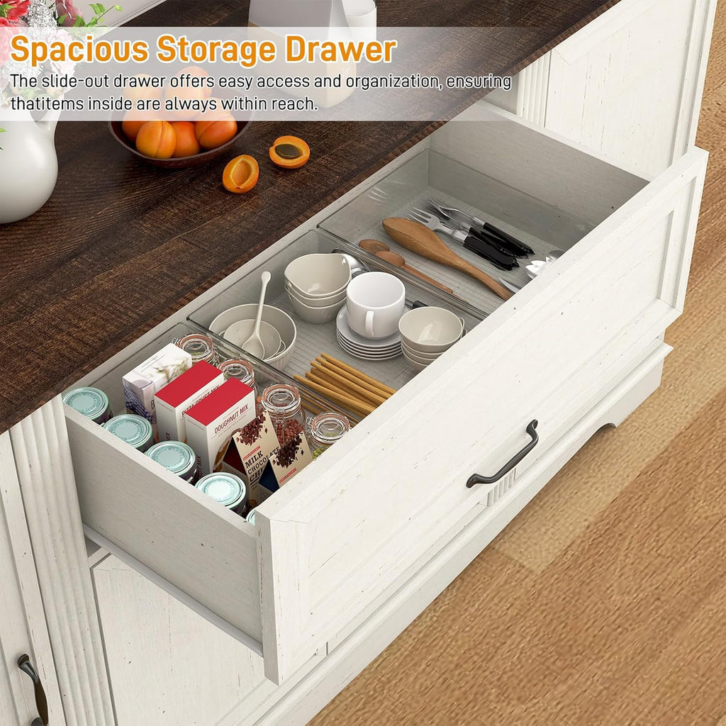 65" Sideboard Buffet Cabinet with Storage, Farmhouse Kitchen Pantries Sideboard Cabinets with Drawer, Wood Coffee Bar Cabinet with Adjustable Shelves, Storage Cabinets for Kitchen, Antique White