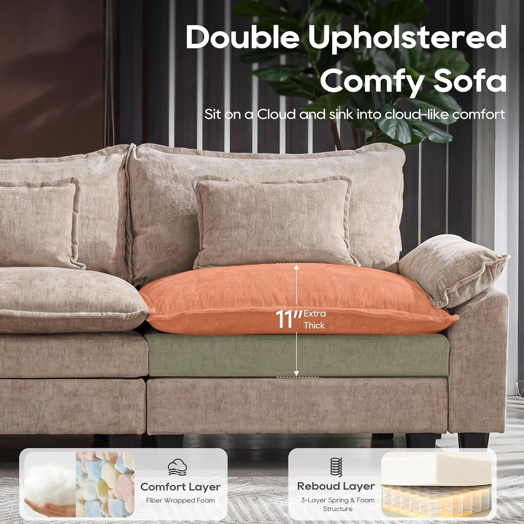 URRED Oversized Modular Sectional Sofa, 157" U Shaped Modern Comfy Cloud Couch with Movable Ottoman & Pillows, Deep Seat Couches for Living Room, Bedroom or Apartment (Chenille Khaki, 157" U Shaped)