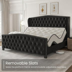 LARMACE King Size Bed Frame Velvet Upholstered Platform Bed with Wingback Headboard & Footbaord, Deep Button Tufted Bed Frame with Wood Slats Support, No Box Spring Needed, Black