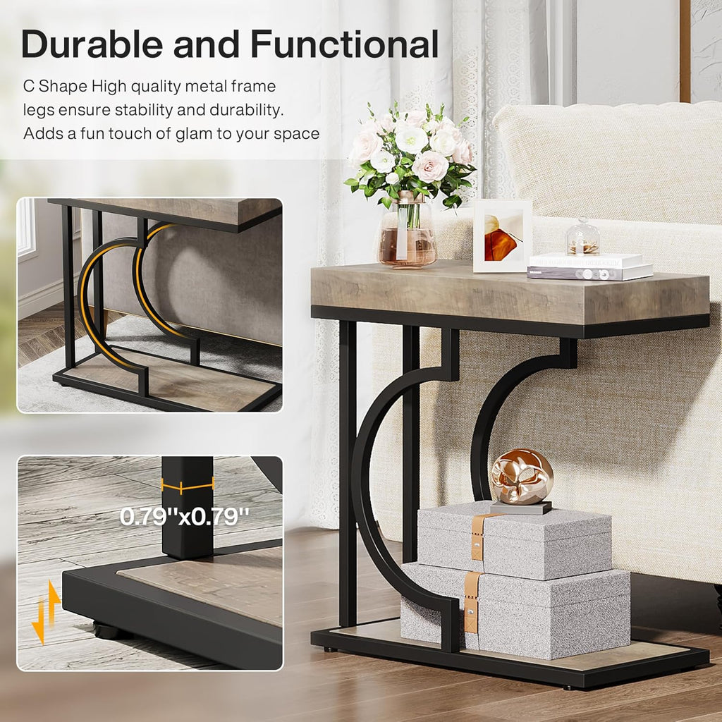 Tribesigns Narrow Side Table for Couch, C Shaped End Table with Metal Frame, Farmhouse Bedside Tables, Small Sofa Tables for Small Spaces, Living Room (1, Gray+Black)