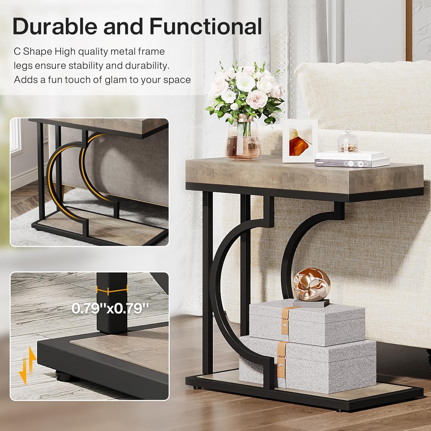 Tribesigns Narrow Side Table for Couch, C Shaped End Table with Metal Frame, Farmhouse Bedside Tables, Small Sofa Tables for Small Spaces, Living Room (1, Gray+Black)