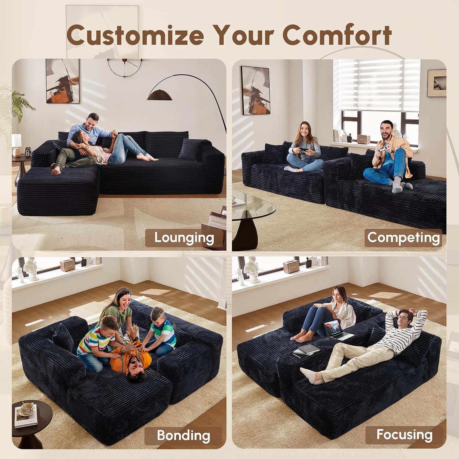 106" Cloud Sectional Couches for Living Room,L Shaped | Couch with Comfy Chaise,Modular Sofa with Deep Seat No Assembly Required,Black