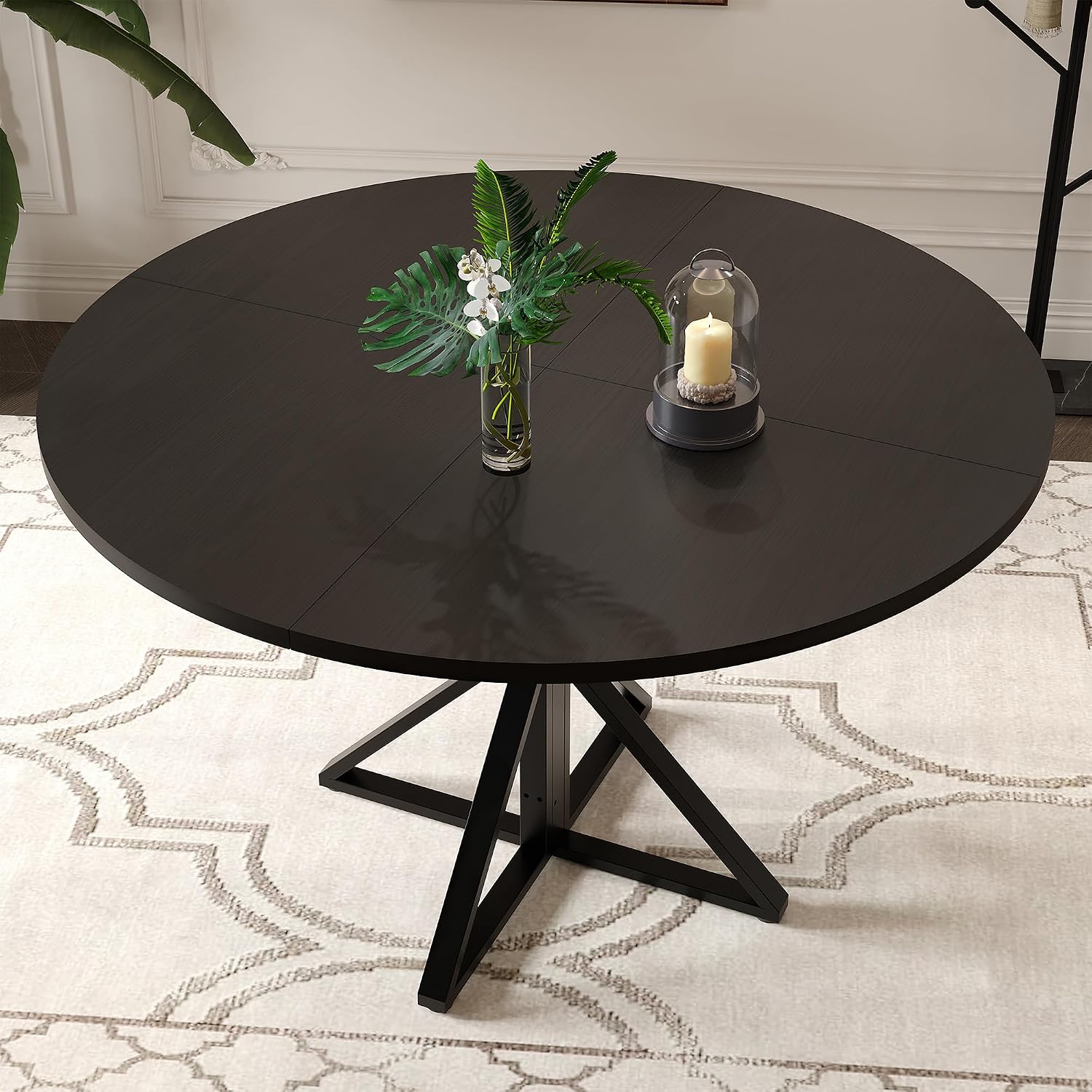 GarveeHome 47 Inch Round Dining Table for 4, Circle Kitchen Table with Pedestal Base, Farmhouse Wooden Dining Table for Small Spaces, Kitchen & Dining Room, Living Room（Black/Only Table）