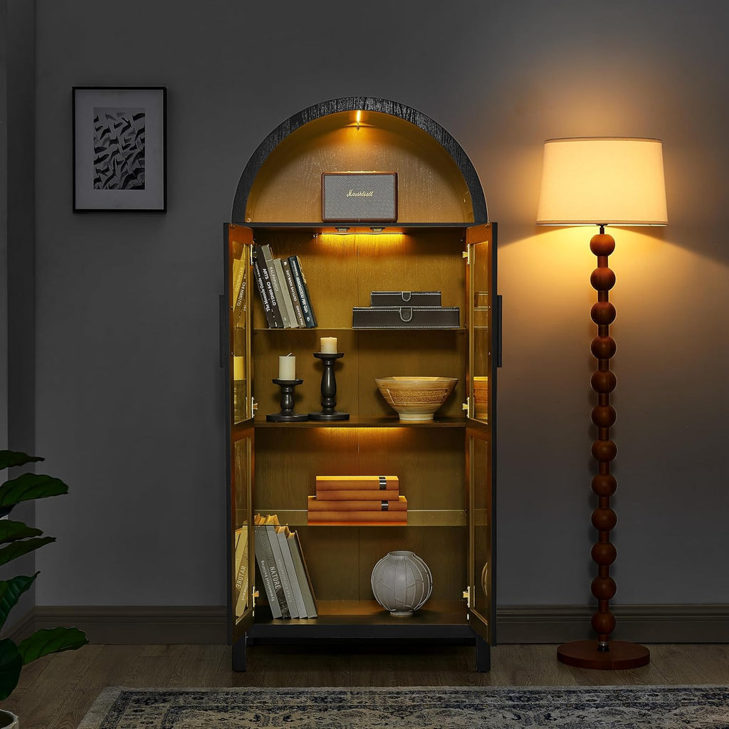 67" Arched Cabinet with Glass Doors: Pantry Cabinets for Kitchen Storage,Modern Retro Style Wooden,Book Display Shelf with Adjustable Glass Partitions & Light - for Kitchen,Entryway.Black