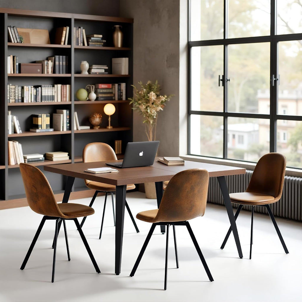 FurnitureR Set of 4 Swivel Suede Dining Chairs, Armless Mid-Back Upholstered Side Chairs with Padded Seat and Metal Legs, Comfortable Fabric Chair for Dining Room, Kitchen, Café, Restaurant – Brown