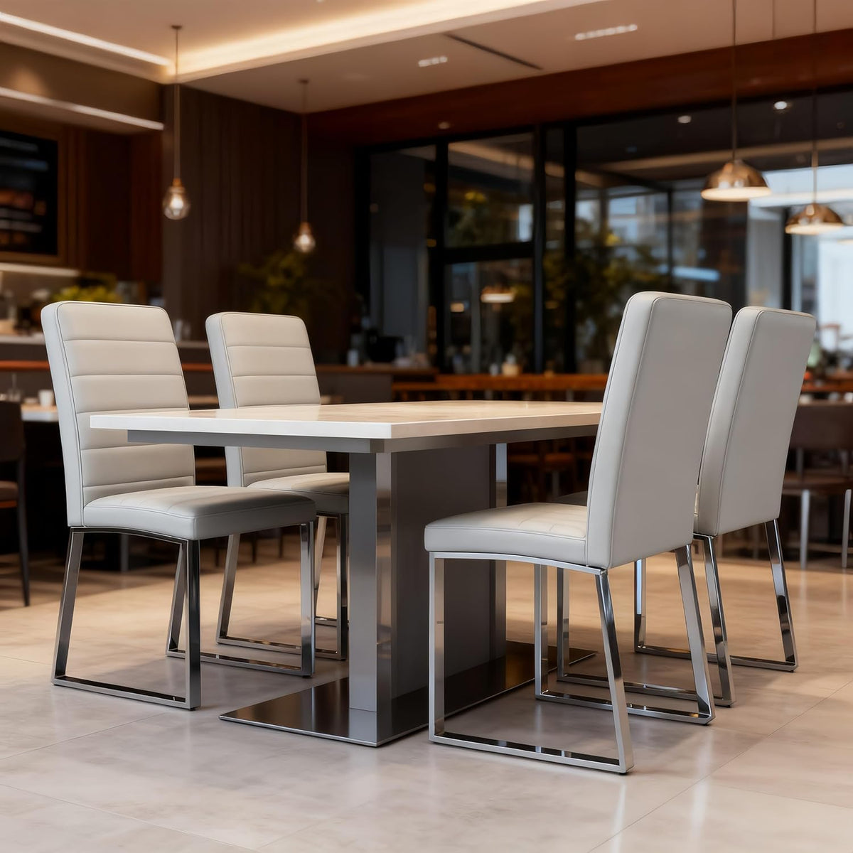 Modern Dining Chairs Set of 4, Grey Faux Leather Kitchen Chairs, Upholstered Armless Dining Room Chair with Silver Mental Legs Heavy Duty, Comfortable (Grey Chiars, Set of 4)