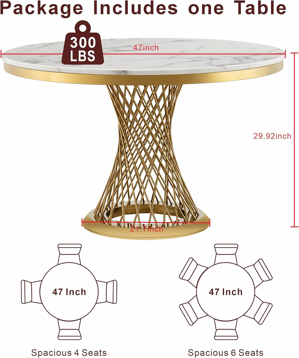 GlyphForm 47" Round Faux Marble Dining Table for 4 to 6, Luxury Modern White Kitchen Table with Gold Stainless Steel Spiral Base Frame, easy to clean Heavy Duty Dining Room Table for Home Office, MDF
