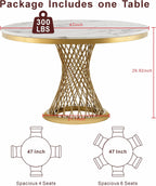 GlyphForm 47" Round Faux Marble Dining Table for 4 to 6, Luxury Modern White Kitchen Table with Gold Stainless Steel Spiral Base Frame, easy to clean Heavy Duty Dining Room Table for Home Office, MDF