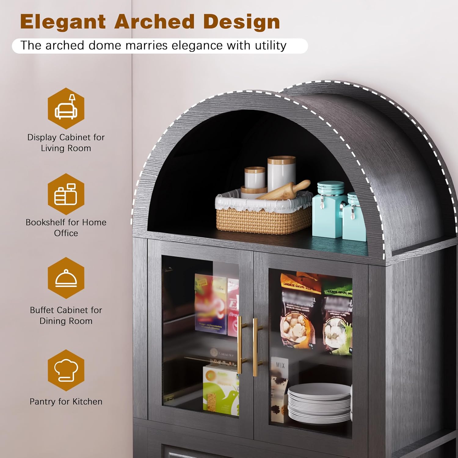 71" Tall Farmhouse Pantry Cabinet, Arched Glass Door Kitchen Storage Cabinet with Barn Door Design, Freestanding Buffet Cabinet with Adjustable Shelves for Kitchen,Living Room,Dining Room,Black