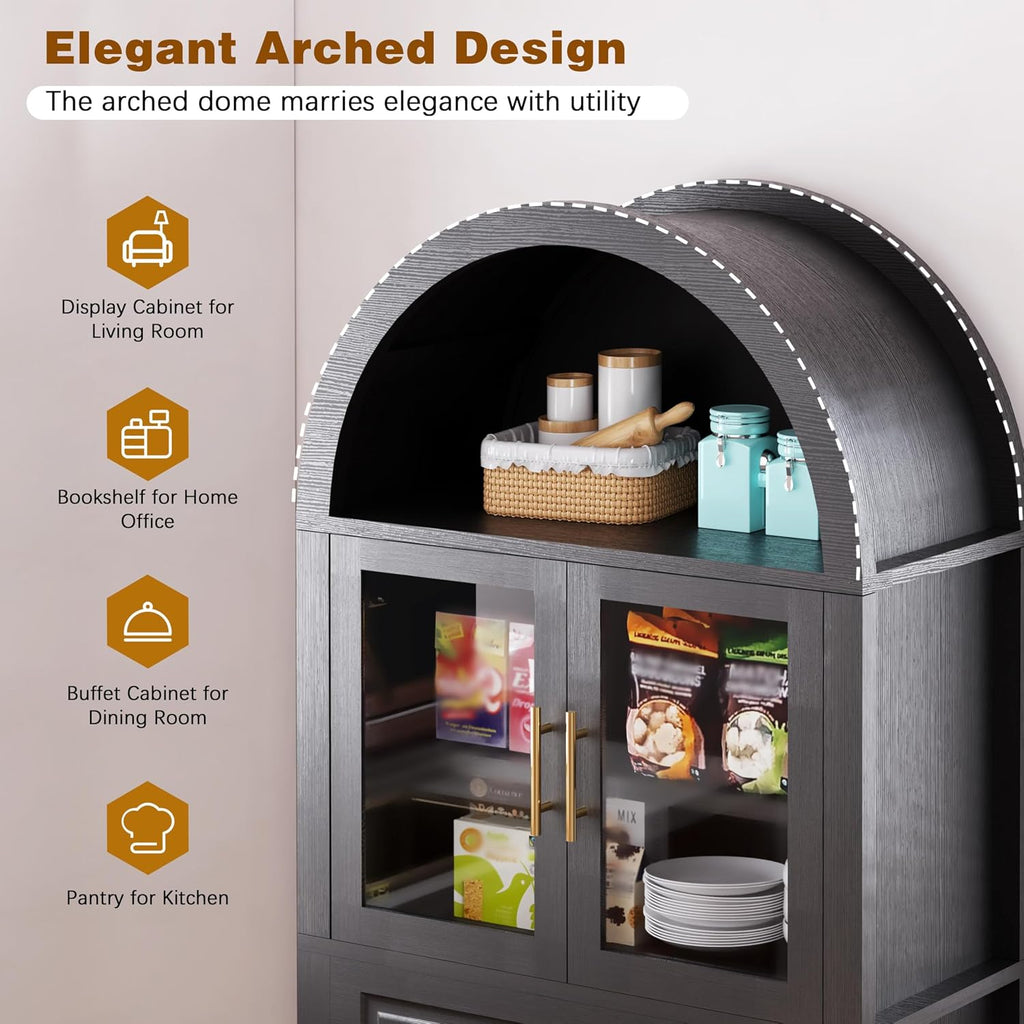 71" Tall Arched Kitchen Pantry Cabinet, Farmhouse Freestanding Food Pantry with Glass Door, Barn Door Design and Adjustable Shelves, Storage Cupboard for Kitchen, Living & Dining Room,Black