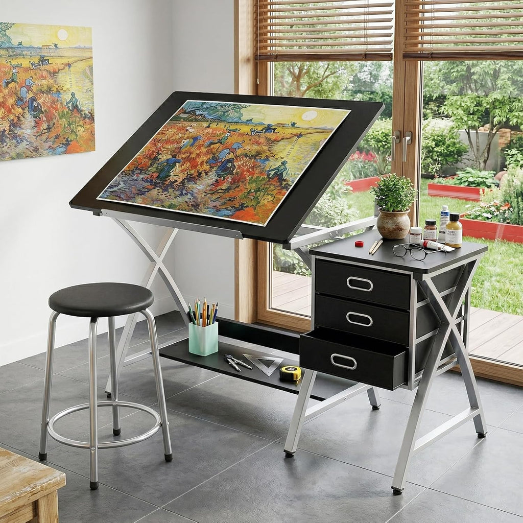 Drafting Table for Adults/Artists, Drawing Desk, Tabletop Adjustable Art/Craft Desk with Stool and 3 Slide Drawers, Sketching Painting Artwork Station for Art Studio Home Office School
