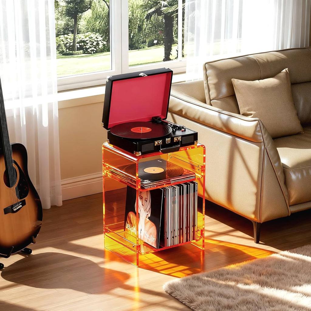 Acrylic Record Player Table with Storage Shelf, Clear Side Table Nightstand (Orange, Medium)