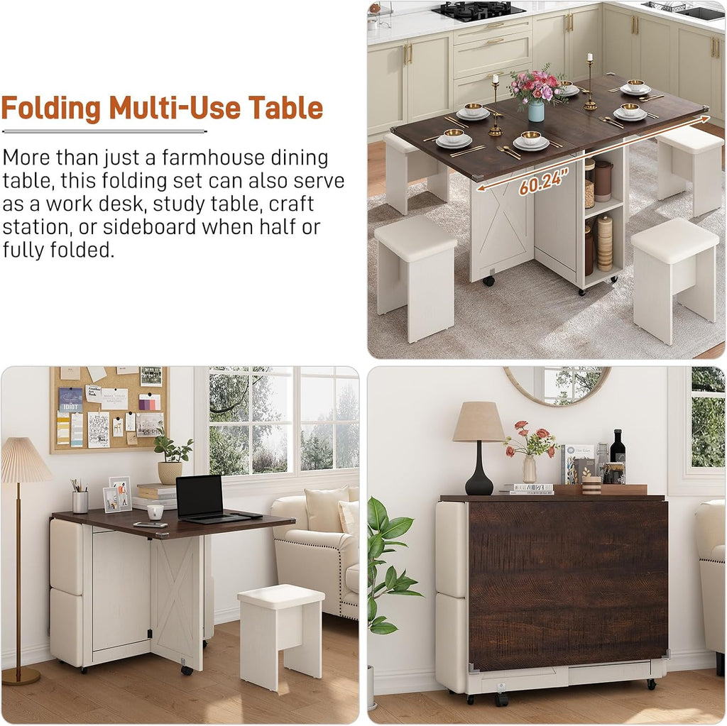 5 PCS Farmhouse Dining Table Set for 4,60" Large Folding Dining Table Set w/ 4 Leather Chairs, Drop Leaf Foldable Kitchen Table for Small Spaces,Barn Door Design,6 Wheels,2-Layer Storage Shelf,Brown