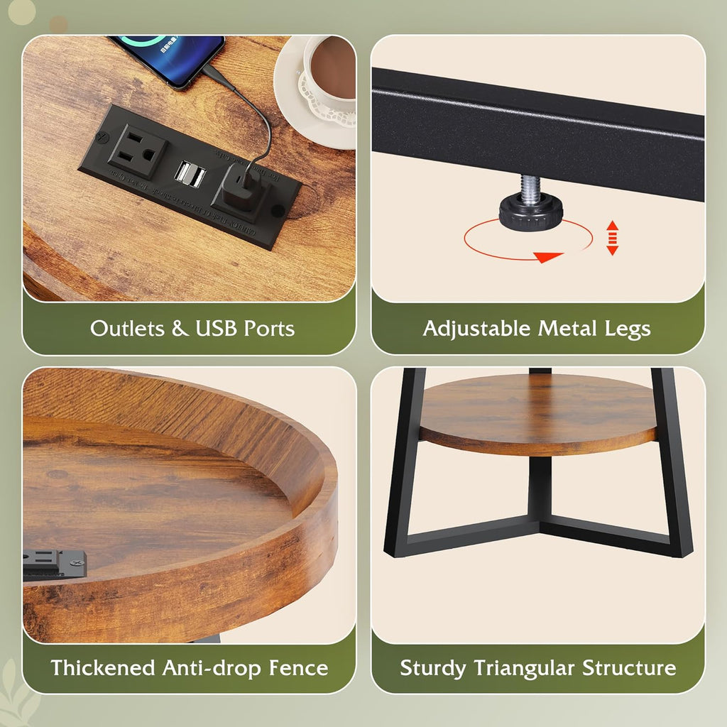 WLIVE Small Round Side Table with Charging Station, Round Coffee Table, 2 Tier End Table for Living Room/Bedroom, Sofa Couch, Easy to Assemble, Wood Tabletop & Metal Frame, Rustic Brown