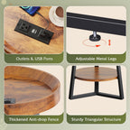 WLIVE Small Round Side Table with Charging Station, Round Coffee Table, 2 Tier End Table for Living Room/Bedroom, Sofa Couch, Easy to Assemble, Wood Tabletop & Metal Frame, Rustic Brown