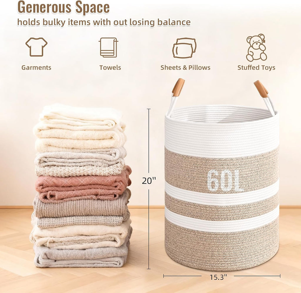 Large Laundry Basket, Laundry Hamper with Leather Handles, 60L Woven Dirty Clothes Hamper, Rope Hampers for Bedroom, Barthroom, Brown
