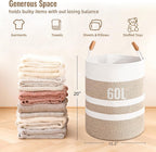 Large Laundry Basket, Laundry Hamper with Leather Handles, 60L Woven Dirty Clothes Hamper, Rope Hampers for Bedroom, Barthroom, Brown