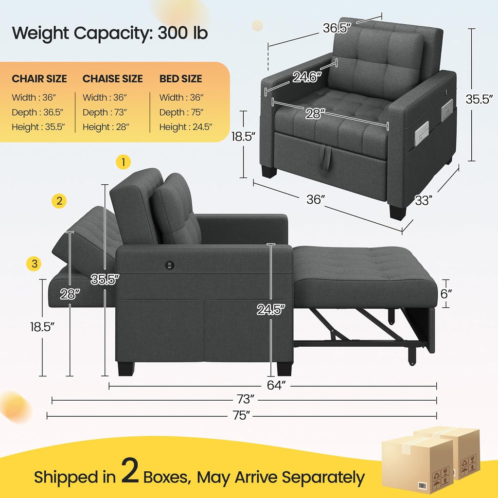 Yaheetech Convertible Futon Sofa Bed 3-in-1 Sleeper Chair Bed Tufted Couch with Adjustable Backrest, 2 USB Ports for Living Room Bedroom Small Space, Dark Gray
