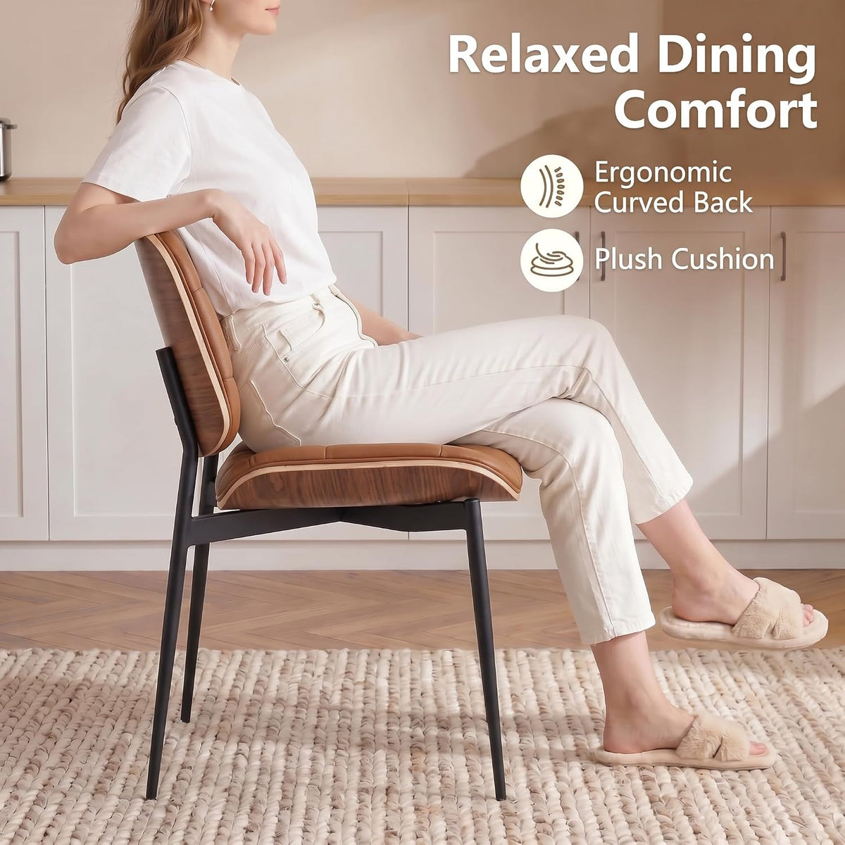 GrandNoor Mid Century Modern Dining Chairs with Walnut Grain Back, Brown Faux Leather Dining Room Chairs Set of 2, Checkered Soft Cushion Kitchen Chairs with Adjustable Foot Pads