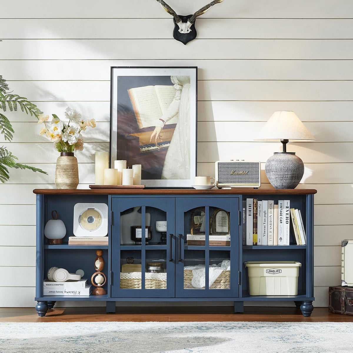 RWYHG Farmhouse TV Stand for 60 in TV, Entertainment Center for Living Room | Adjustable Shelves, Magnetic Glass Door, Sturdy Gourd Base, Wood Grain Top, High Capacity Storage Cabinet, Navy Blue