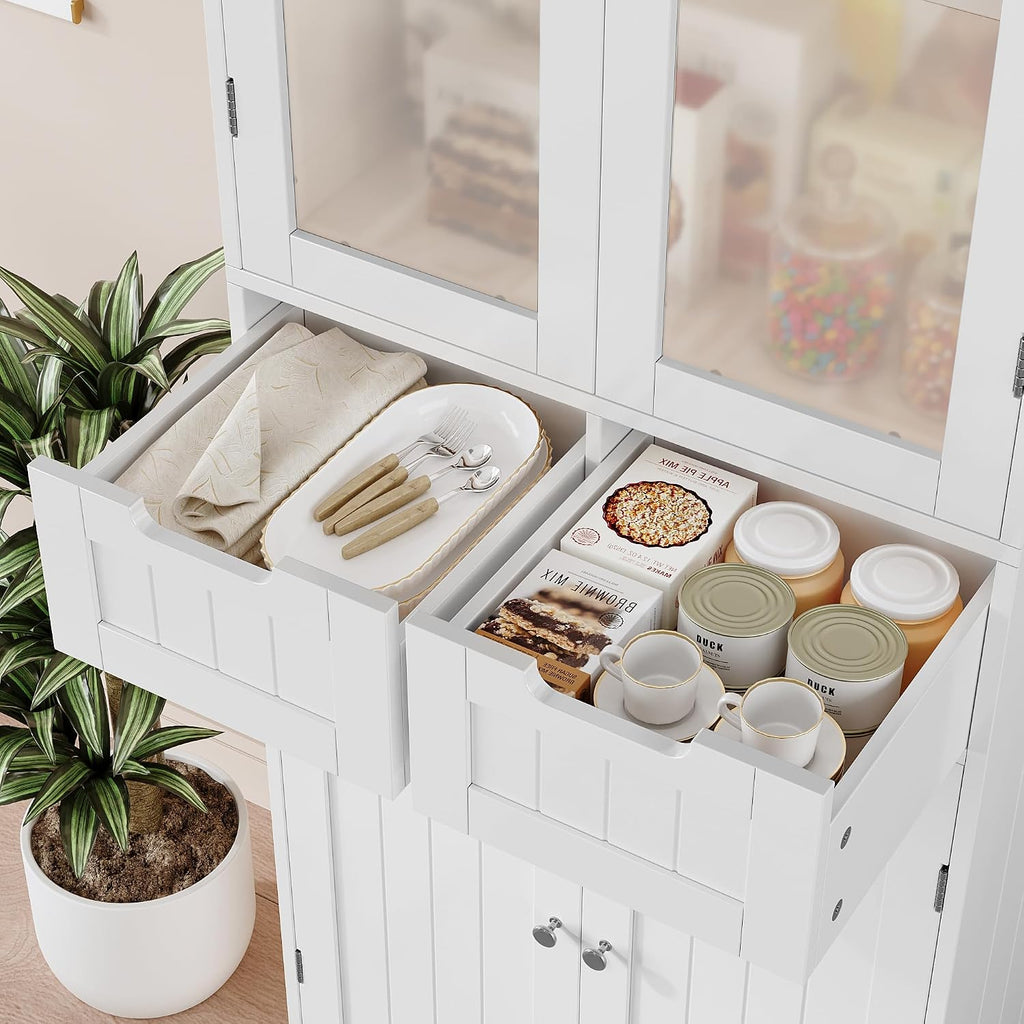 HOSTACK 64" Tall Storage Cabinet, Kitchen Pantry with Drawers, Modern Bathroom Cabinet with Shelves and Glass Doors, Free Standing Linen Storage Cupboard for Dining Room, White