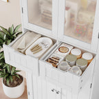 HOSTACK 64" Tall Storage Cabinet, Kitchen Pantry with Drawers, Modern Bathroom Cabinet with Shelves and Glass Doors, Free Standing Linen Storage Cupboard for Dining Room, White