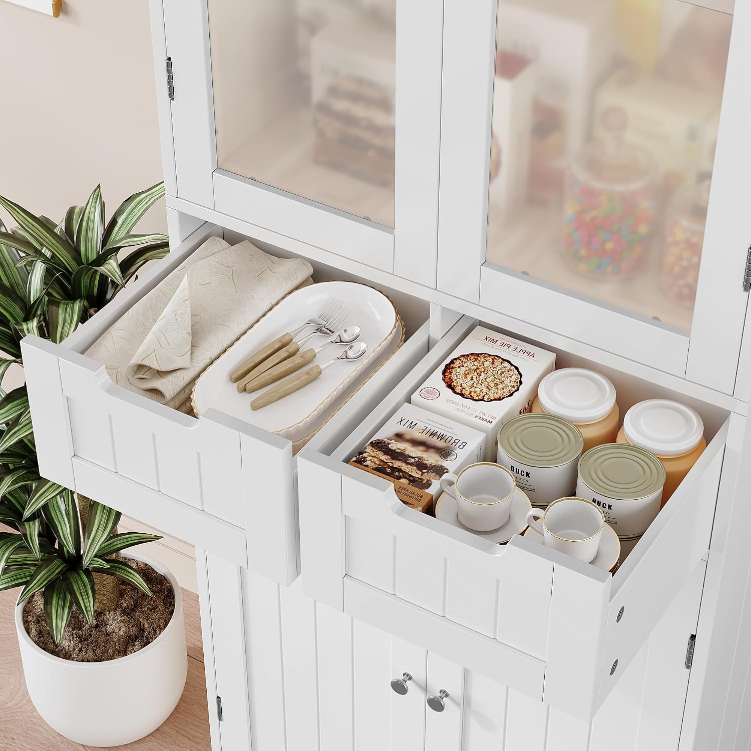 HOSTACK 64" Tall Storage Cabinet, Kitchen Pantry with Drawers, Modern Bathroom Cabinet with Shelves and Glass Doors, Free Standing Linen Storage Cupboard for Dining Room, White