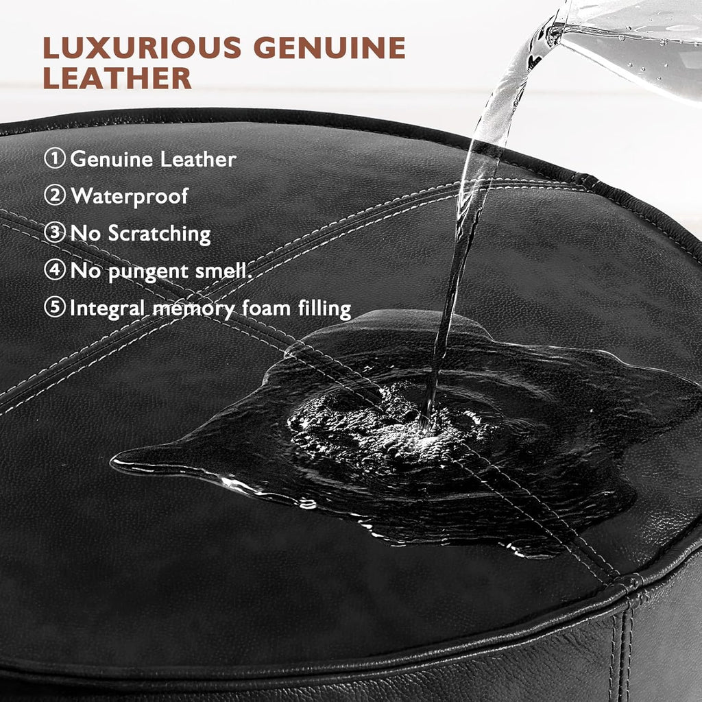 Leather Ottoman,Handmade Stuffed Square Ottoman,Genuine Leather Pouf, Foot Rest Pouf,Comfortable Soft Seating for Living Room & Bedroom (Black, Round)