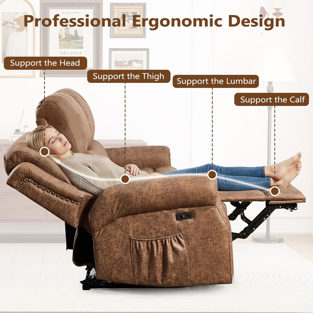 HAOMARKETS 3-Piece Power Reclining Sofa Set with Rivets, Included Electric Massage Recliners, Loveseat Couch with Console and 3-Seater Recliner Sofa, Faux Leather Living Room Furniture Set, Brown