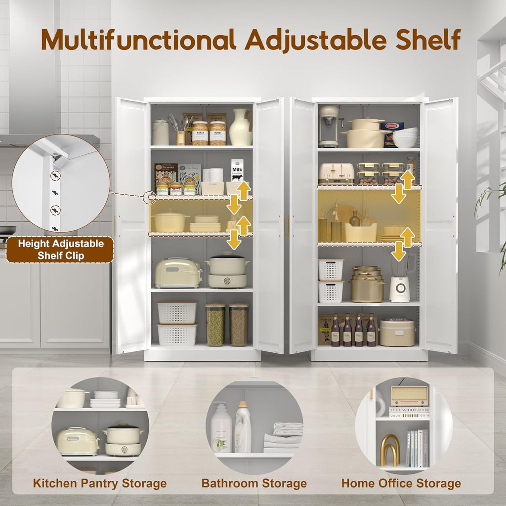 UNICOLY 71" Kitchen Pantry Cabinet, Pantry Storage Cabinet with Doors and 4 Shelves, Metal Storage Cabinets for Kitchens, Living Room, Dinning Room, Assembly Required, White