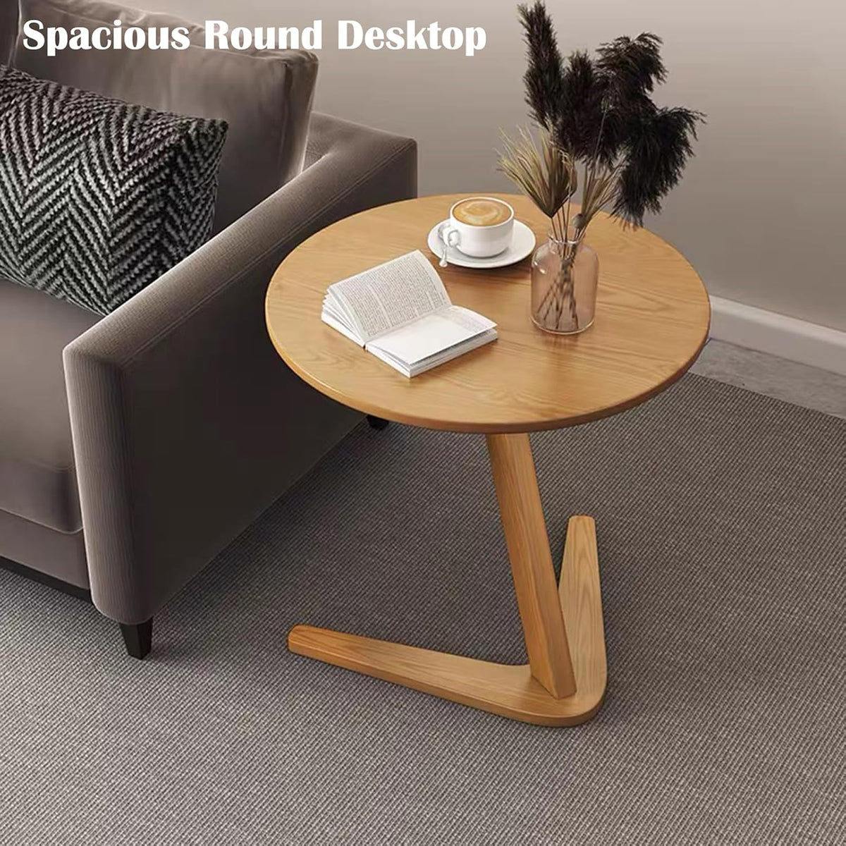 YUNMUARY-C-Shaped Side Table Round Side Tables for Couch Space-Saving Sofa Table Slide Under Couch for TV Dinner Laptop Side Over Solid Wood End Table for Living Room Modern Nightstand (Light Brown)