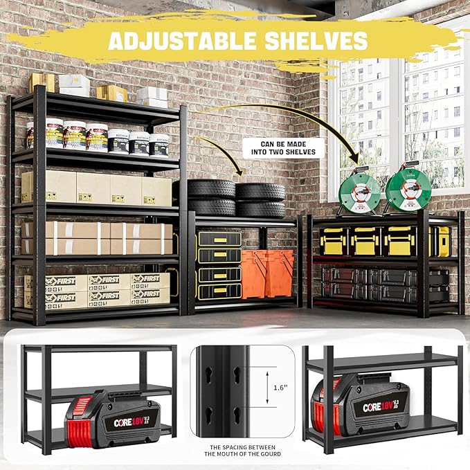 5-Tier Heavy Duty Garage Shelving Unit – 3000 lbs Adjustable Metal Storage Rack, Tool-Free Assembly, Rustproof Steel Organizer for Basement, Pantry, Warehouse, 71" H x45 W x 17.7" D