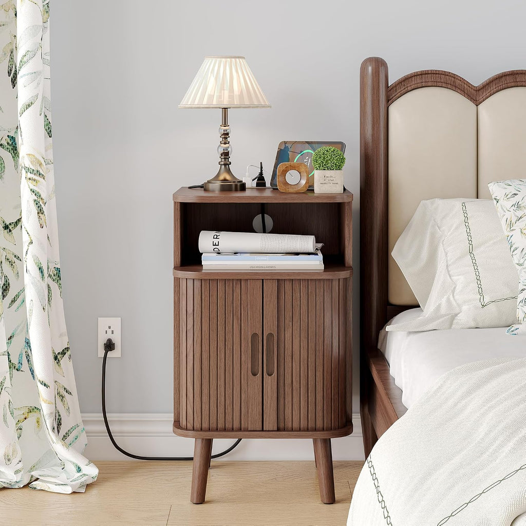 Whalefall Night Stand Set of 2 with Charging Station, Mid Century Modern Fluted End Tables with Cabinet for Living Room, Curved Round Edge Wood Beside Table with Slide Tambour Doors, Walnut