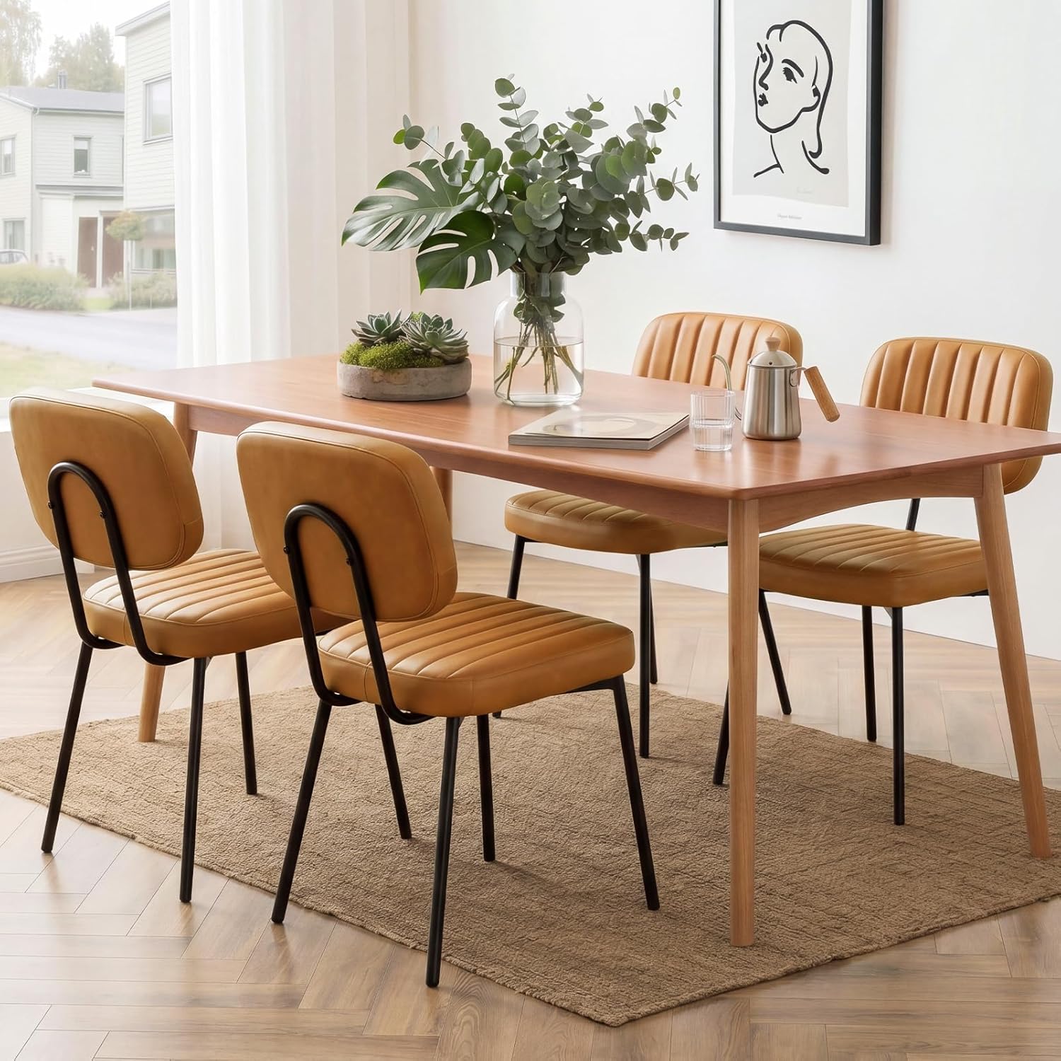 OLIXIS Dining Chairs Set of 4, Modern Upholstered Mid Century Kitchen Chairs with Faux Leather Cushion Seat, Backrest & Metal Legs for Living Room, Bedroom, Home Office, Brown