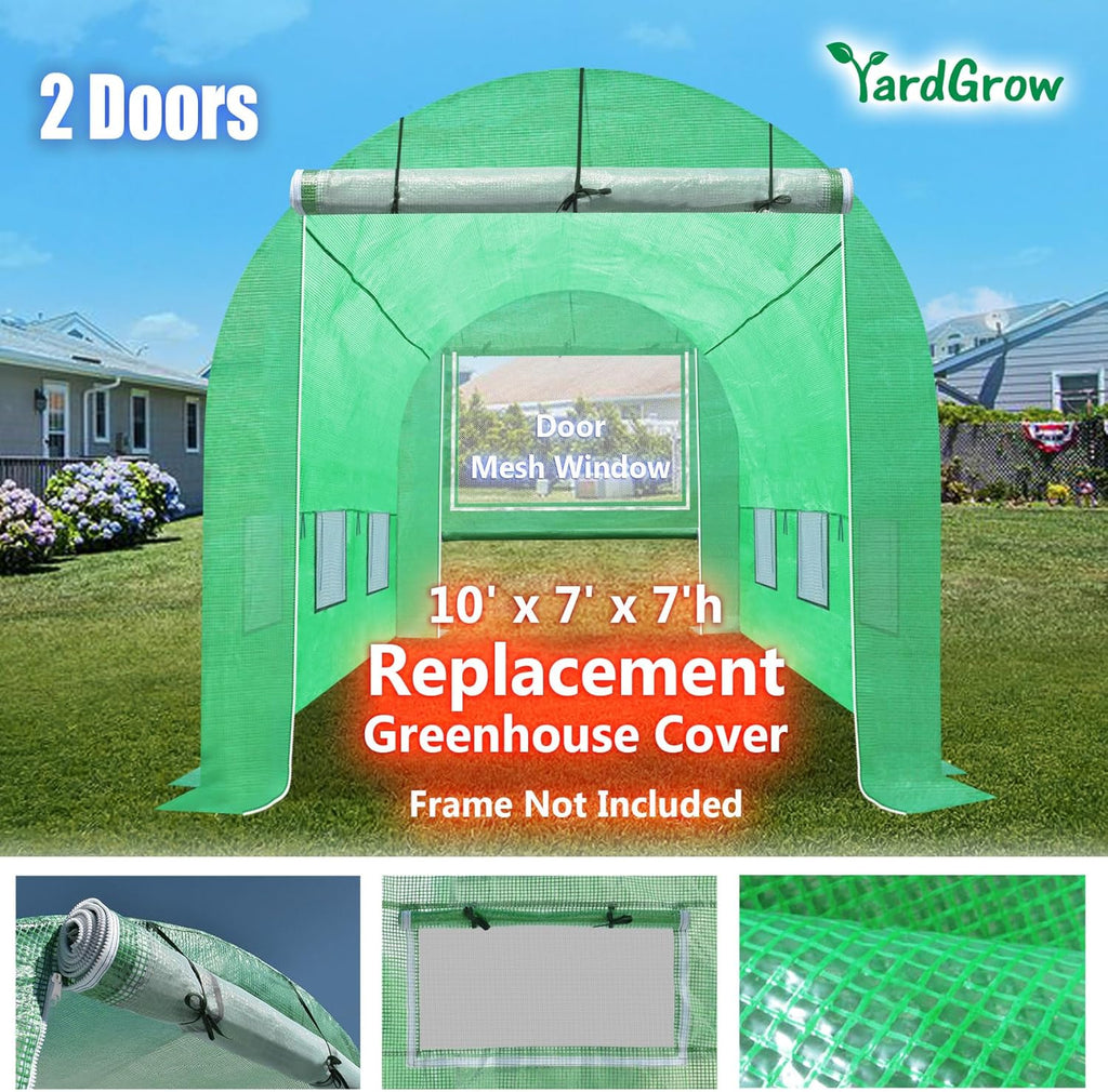 YardGrow Greenhouse Replacement Cover Larger Walk in Outdoor Plant Gardening Greenhouse, 2-Doors with 2 Mesh Windows, Frame Does NOT Included (10'x7'x7')
