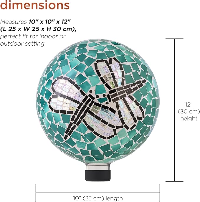 Alpine Corporation HMD194 Outdoor Glass Mosaic Gazing Globe Yard Decoration, 10"Diameter, Dragonfly Duo