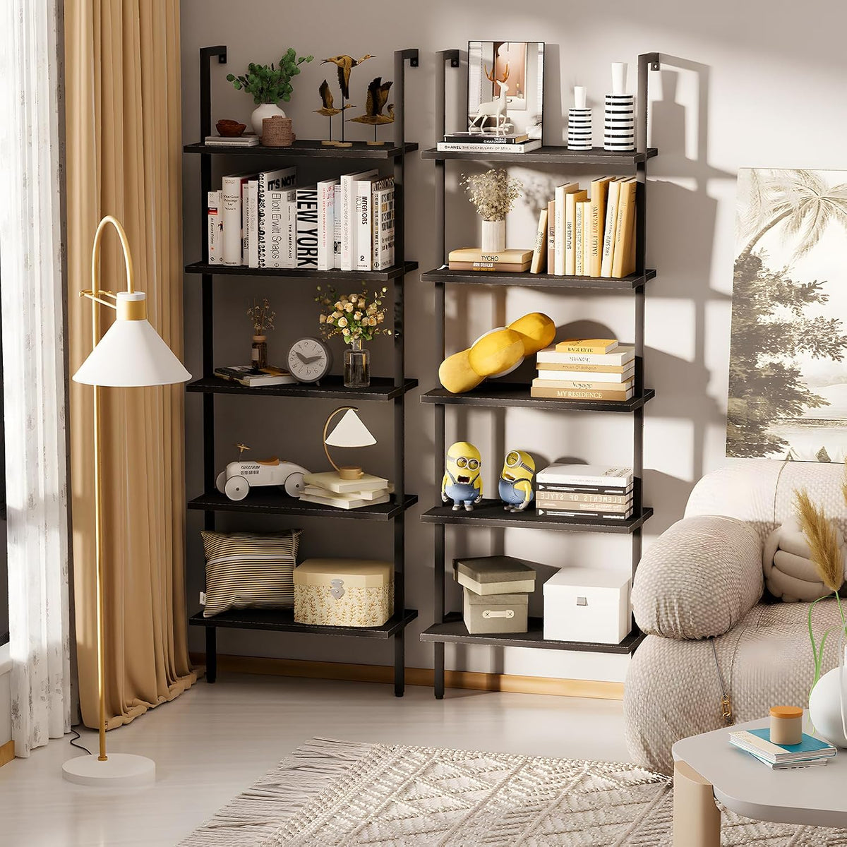 aboxoo Ladder Shelf Open 5-Tier Bookshelf Wall-Mounted Black Wood Bookcase Storage Rack Open Industrial Modern Plant Stand Utility Organizer Bookcase Metal Frame Furniture Office Bedroom