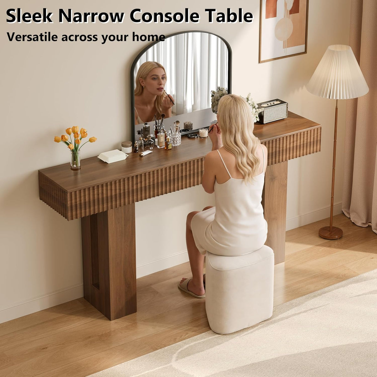 63-Inch Long Entryway Console Table with a Fluted Design, Thick Wood Farmhouse Sofa Table Behind Couch, Narrow Hallway Accent Table for Living Room, Foyer, Entrance,Modern Walnut