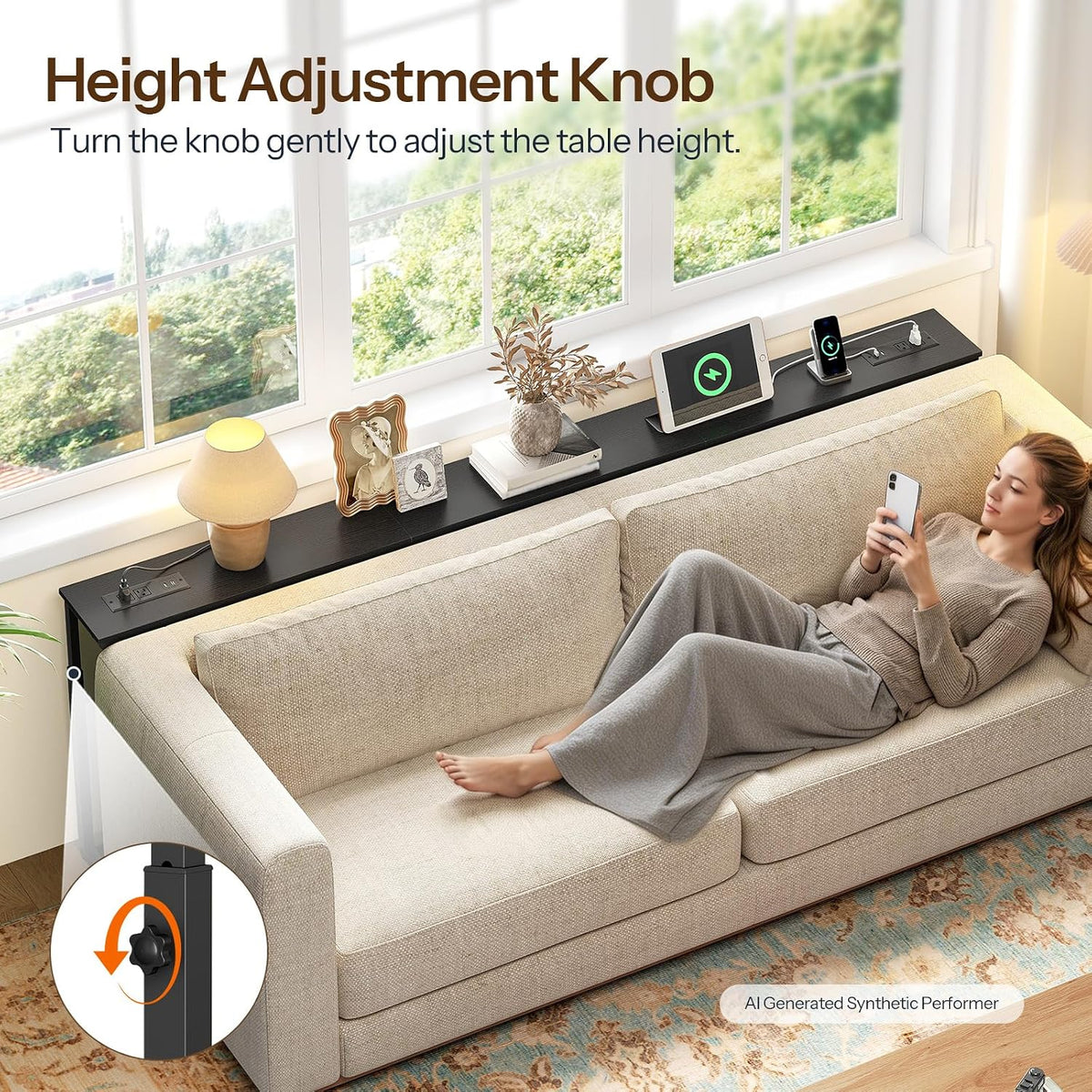 HOOBRO 78.7 Inch Narrow Console Table with Adjustable Height (25.5"-33.4") | 5.9" Sofa Table with Power Outlets, Skinny Behind Couch Table for Small Spaces, Black BB200UXG01